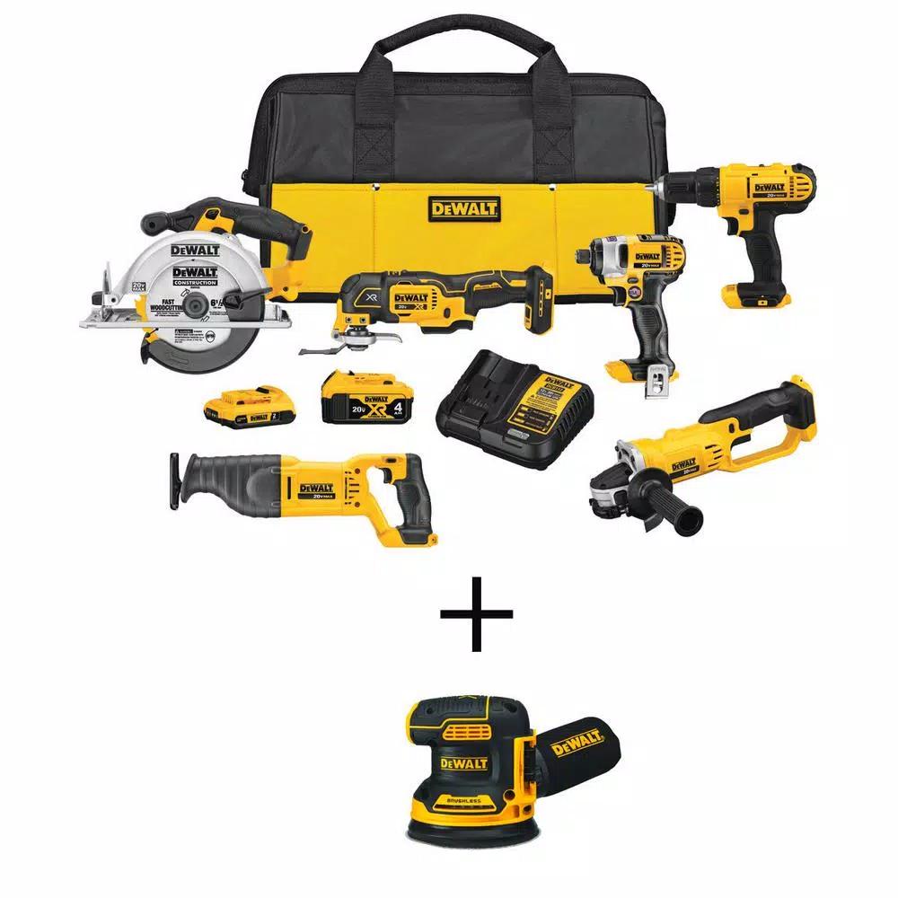DEWALT 20V MAX Cordless 6-Tool Combo Kit with Brushless 5 in. Sander, (1) 4.0 Ah & (1) 2.0 Ah Battery