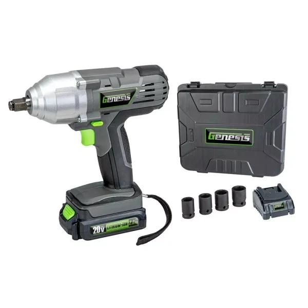 Genesis 20V Lithium-Ion Impact Wrench Kit with LED Light, 2Ah Battery, Charger, 4-Piece Socket Set and Case