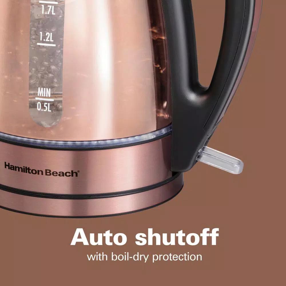 Hamilton Beach 1.7L Glass Electric Kettle with Copper Stainless Steel Base, 1500W Rapid Boil