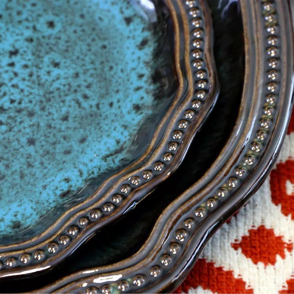 Elama Mystic Waves 16-Piece Modern Blue Stoneware Dinnerware Set, Service for 4