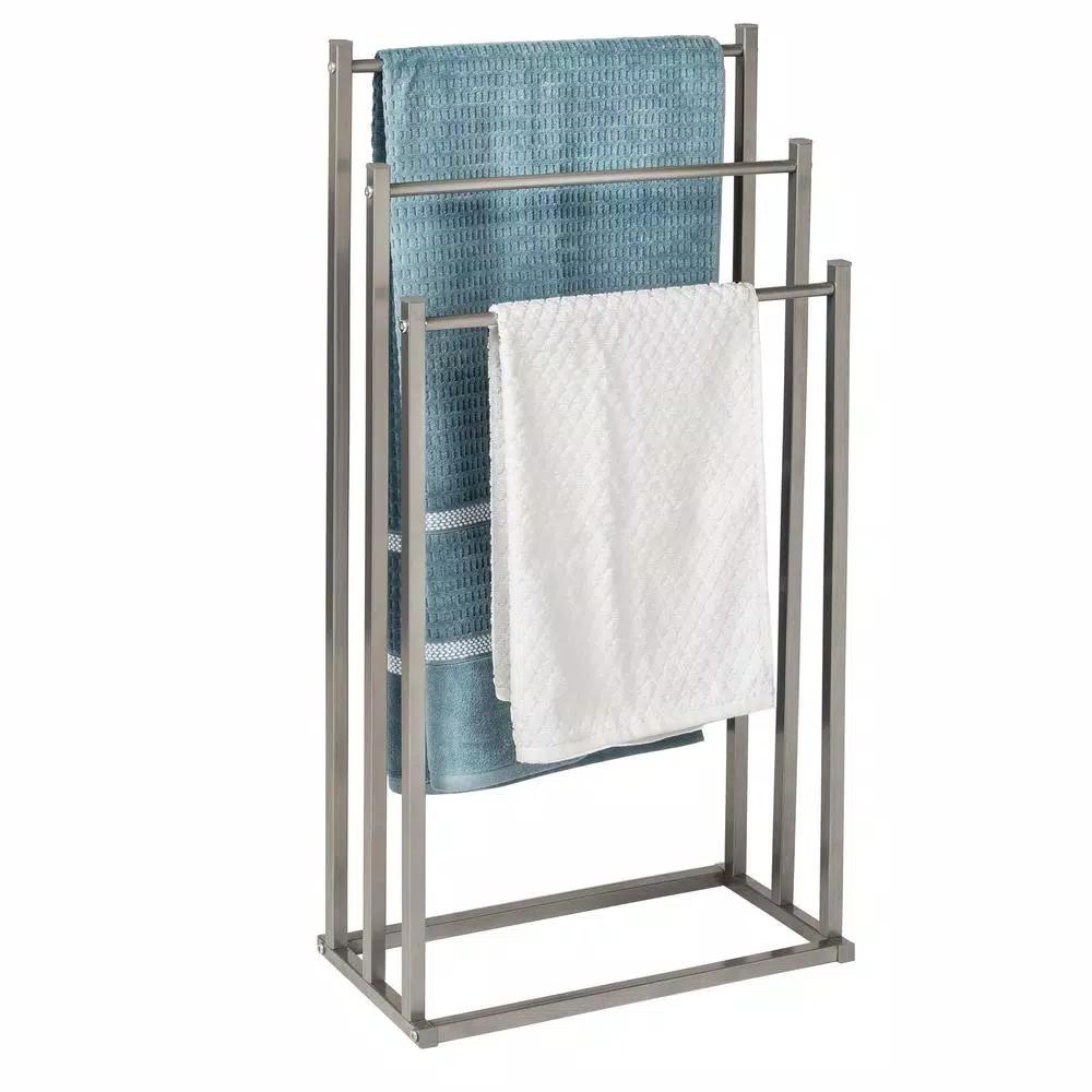 Honey-Can-Do Silver 3-Tier Freestanding Bathroom Towel Rack, Modern Angular Steel Design