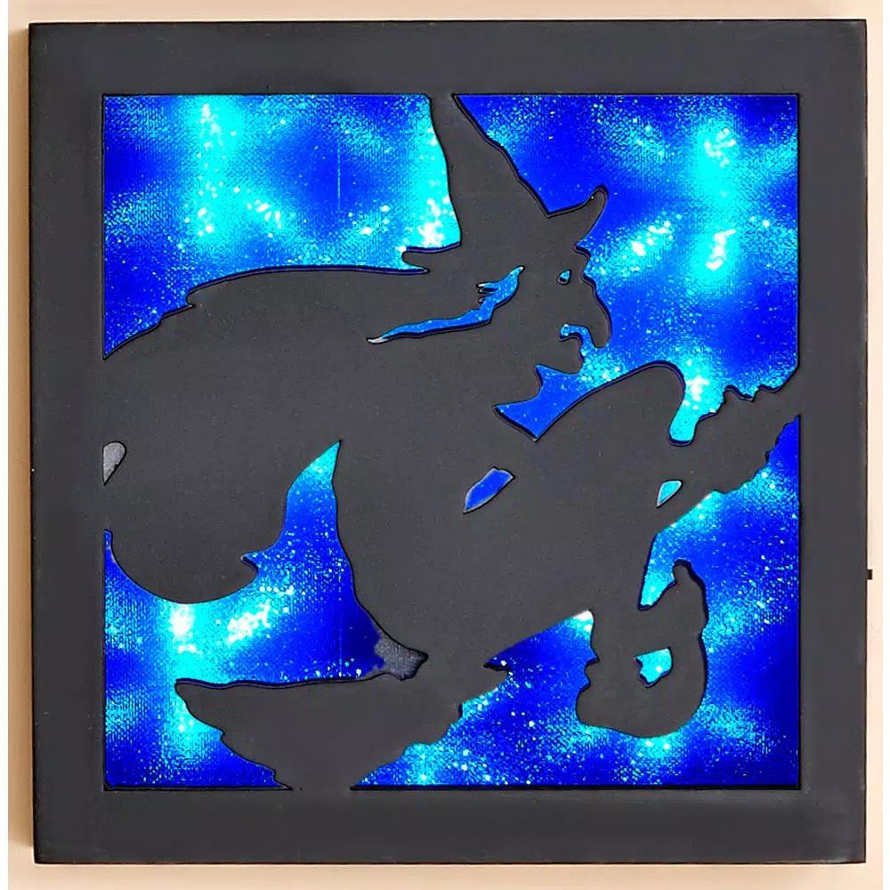 Unbranded 9 in. Lighted Witch Halloween Wall Hanging Decor with Blue and White LED Lights