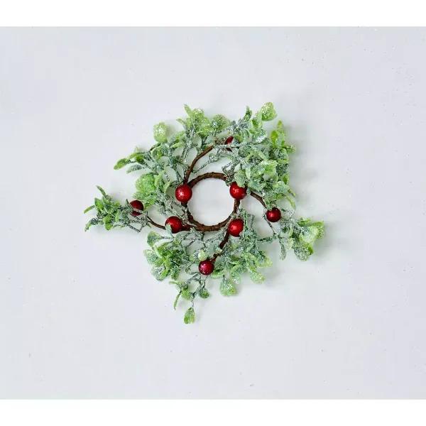 WORTH IMPORTS 1.25" Green Leaves and Red Berries Candle Ring Set of 6 - Seasonal Holiday Decor