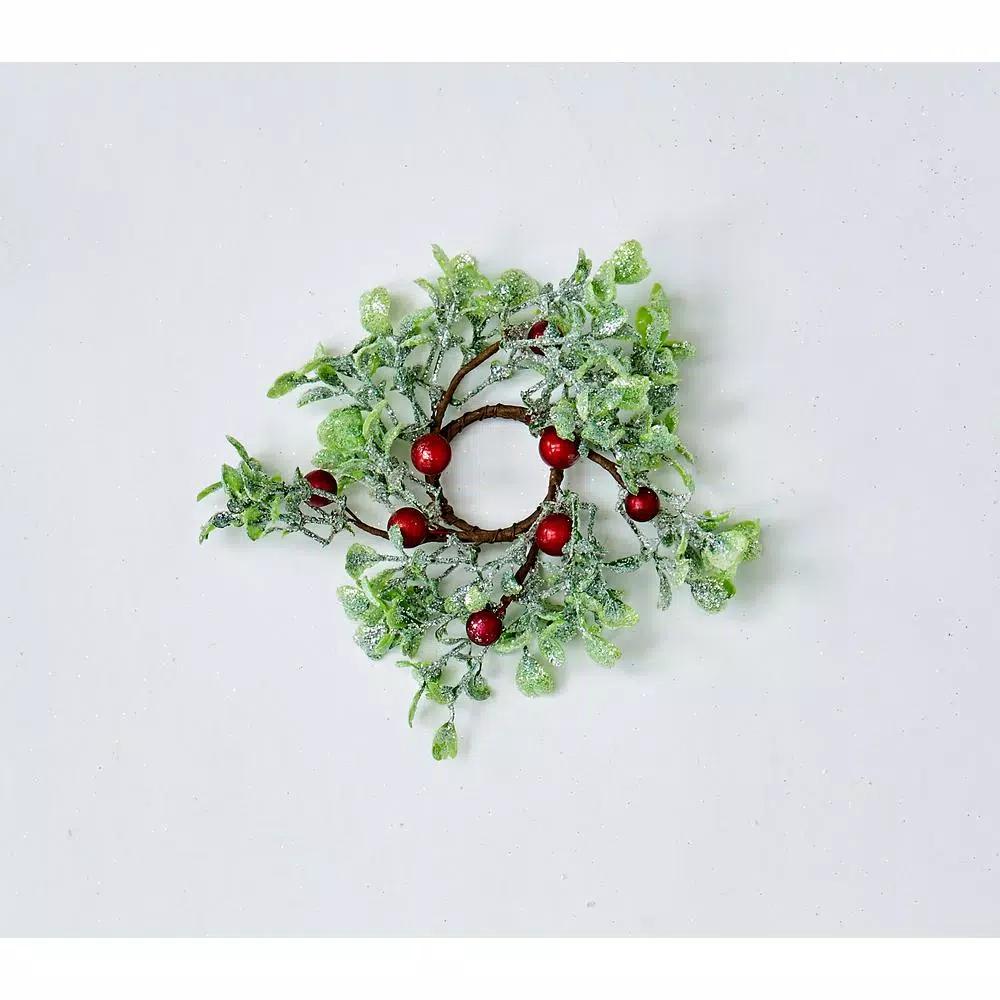 WORTH IMPORTS 1.25" Green Leaves and Red Berries Candle Ring Set of 6 - Seasonal Holiday Decor