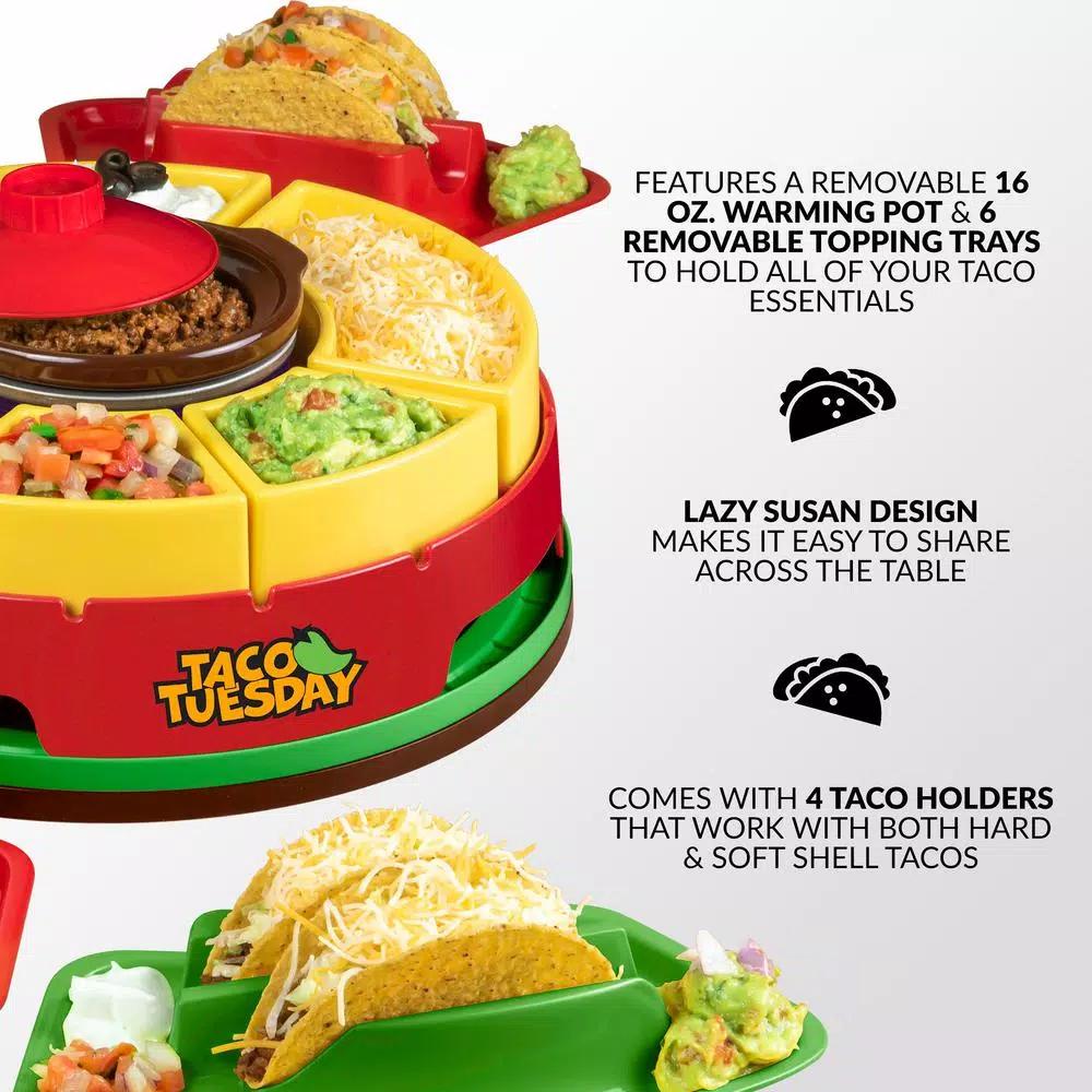TACO TUESDAY Red Lazy Susan Taco Bar with 16 oz. Removable Warming Pot and 4 Taco Holders
