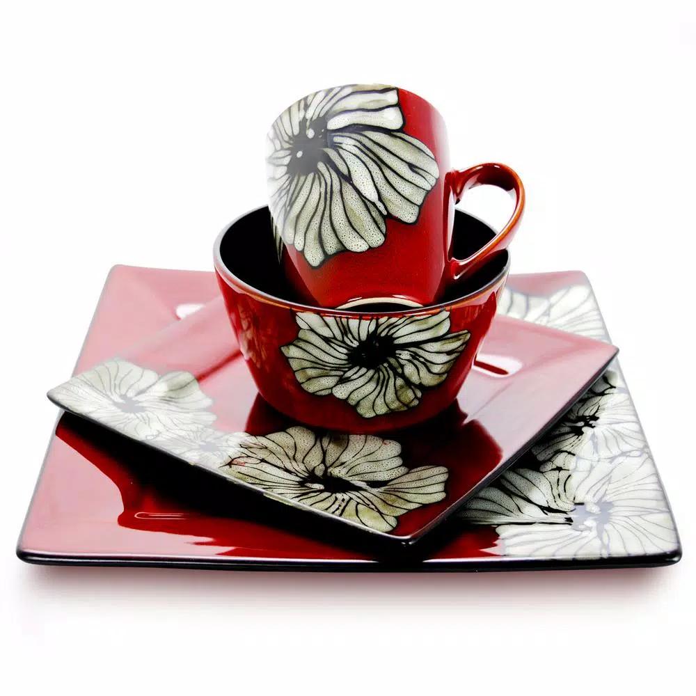 Elama Winter Bloom 16-Piece Red Stoneware Dinnerware Set, Asian Inspired Square Design, Service for 4