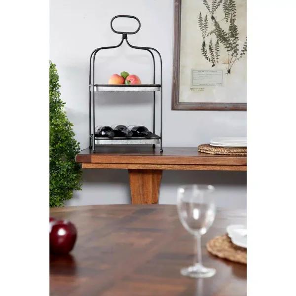 LITTON LANE Large 2-Tier Rectangular Metal Serving Tray with Handle - Black and Silver Farmhouse Decor