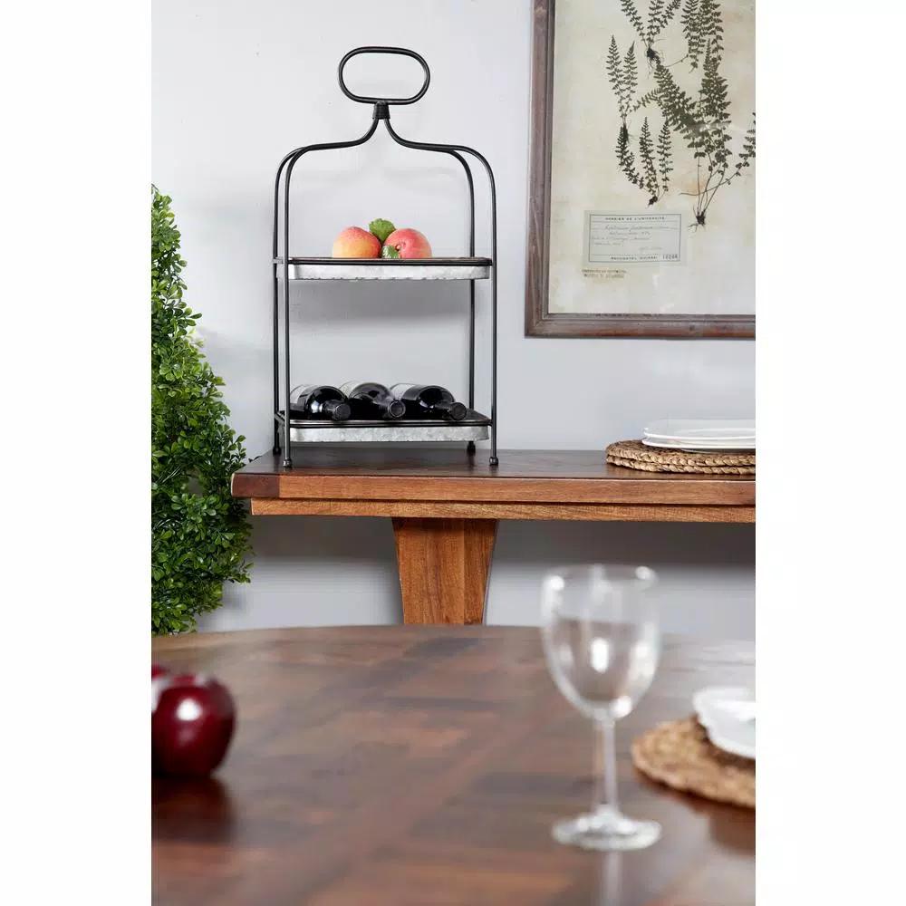 LITTON LANE Large 2-Tier Rectangular Metal Serving Tray with Handle - Black and Silver Farmhouse Decor