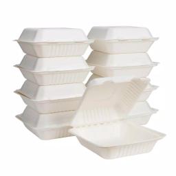 Unbranded 9 in. White Sugarcane Clamshell Containers, 300 Pack - Eco-Friendly & Compostable thumbnail 1