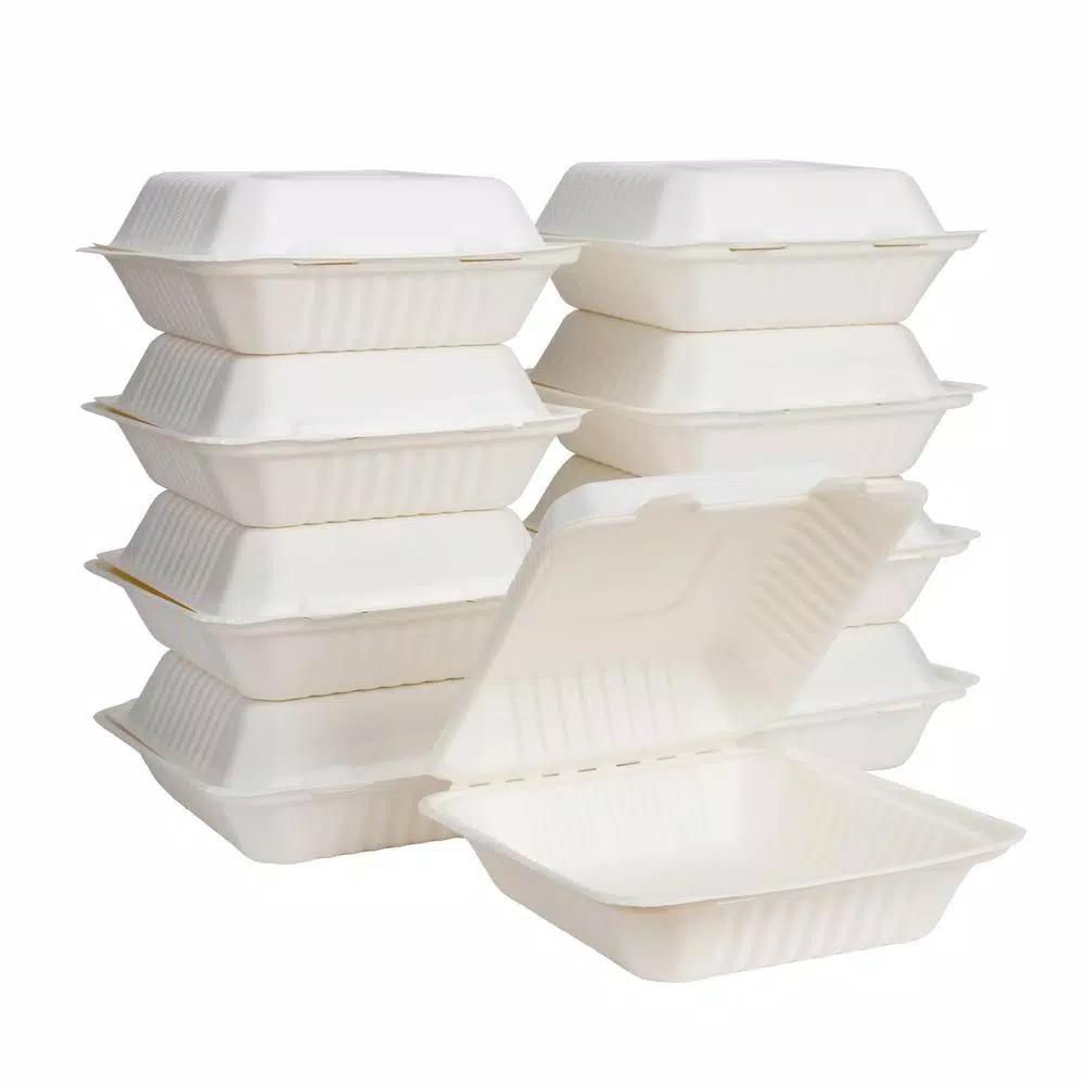 Unbranded 9 in. White Sugarcane Clamshell Containers, 300 Pack - Eco-Friendly & Compostable