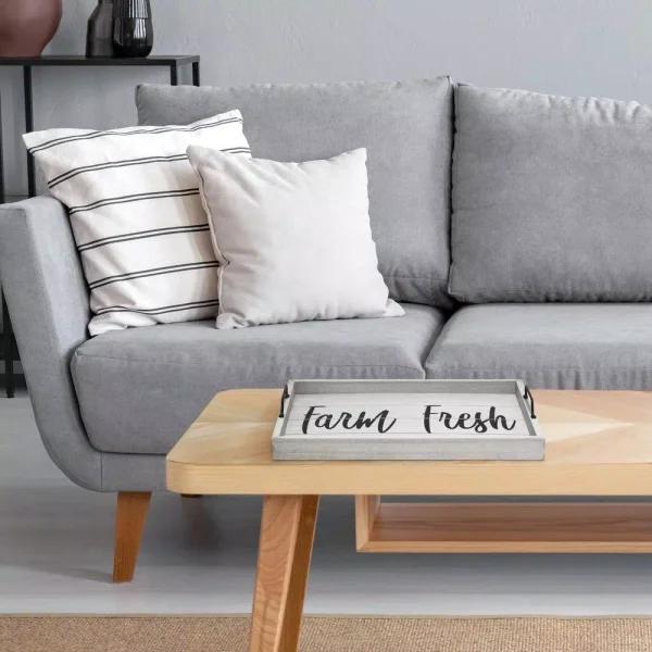 Elegant Designs Farm Fresh Gray Wash Decorative Wood Serving Tray with Black Metal Handles