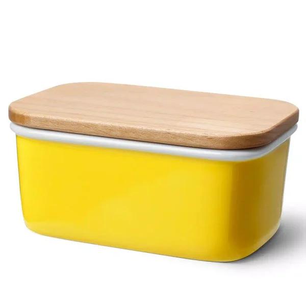 Sweese Large Porcelain Butter Dish with Beech Wood Lid, Yellow