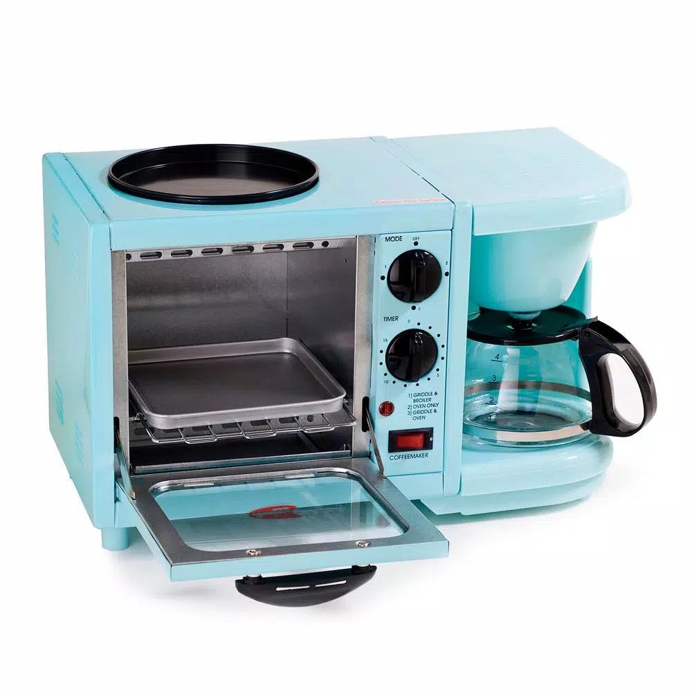 Elite Americana by Elite 3-in-1 Mini Breakfast Shoppe - 500W Toaster Oven, 4-Cup Coffee Maker & 6 in. Griddle, Blue
