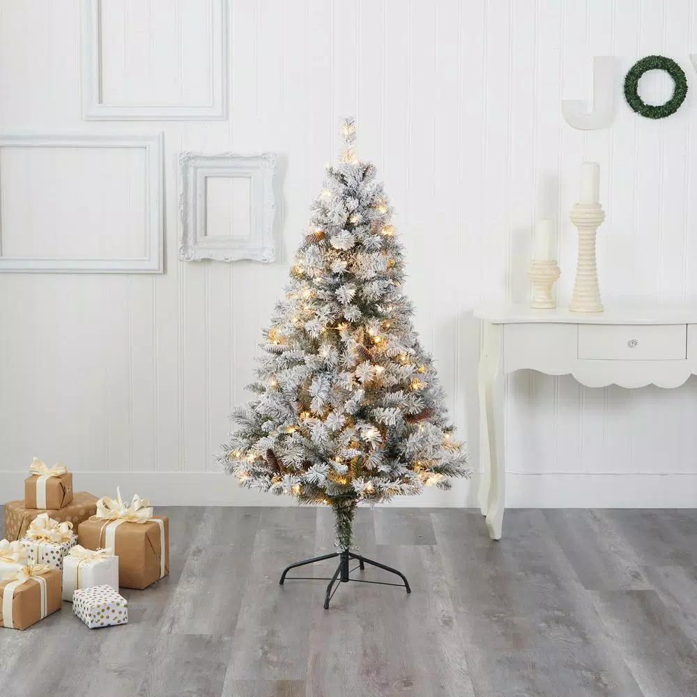Nearly Natural 5 ft. Flocked River Mountain Pine Artificial Christmas Tree with 150 LED Lights and Pine Cones