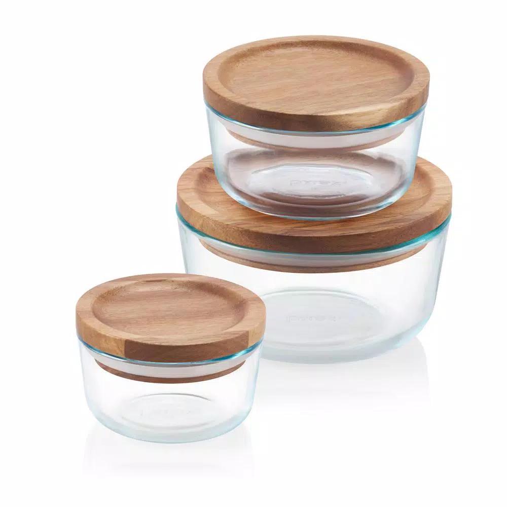 Pyrex Simply Store 6-Piece Pyrex Glass Food Storage Container Set with Acacia Wood Lids
