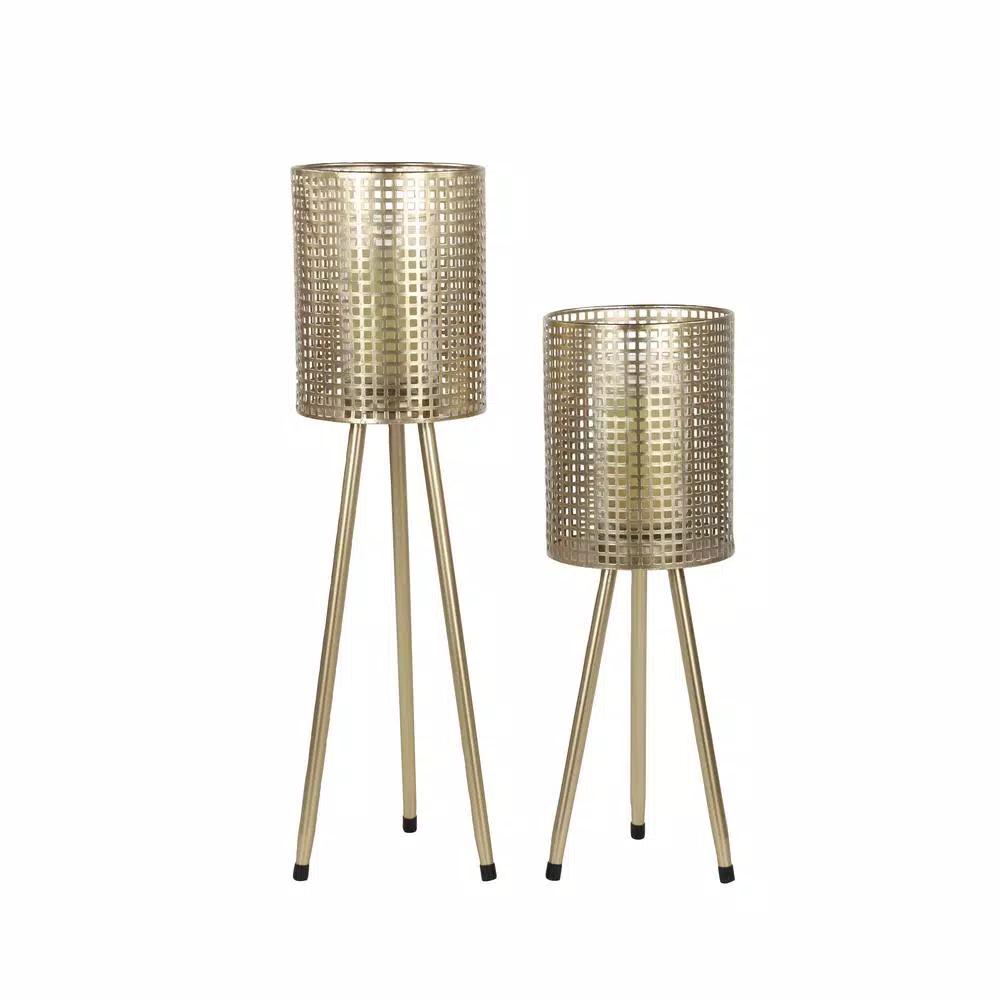 LITTON LANE Gold Mesh Metal Candle Holders on Tripod Bases, Set of 2, Industrial Style Lanterns
