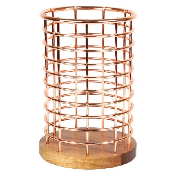 Creative Home Acacia Wood and Copper Iron Wire Utensil Tool Holder Crock
