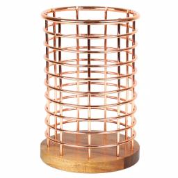 Creative Home Acacia Wood and Copper Iron Wire Utensil Tool Holder Crock thumbnail 1