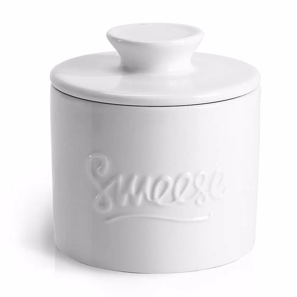 Sweese White Porcelain French Butter Crock, 6 oz. Butter Dish for Soft Spreadable Butter