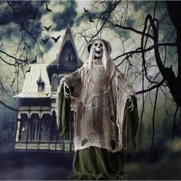 Haunted Hill Farm 5 ft. Animatronic Moaning Skeleton Halloween Prop with Green Cloak thumbnail 2