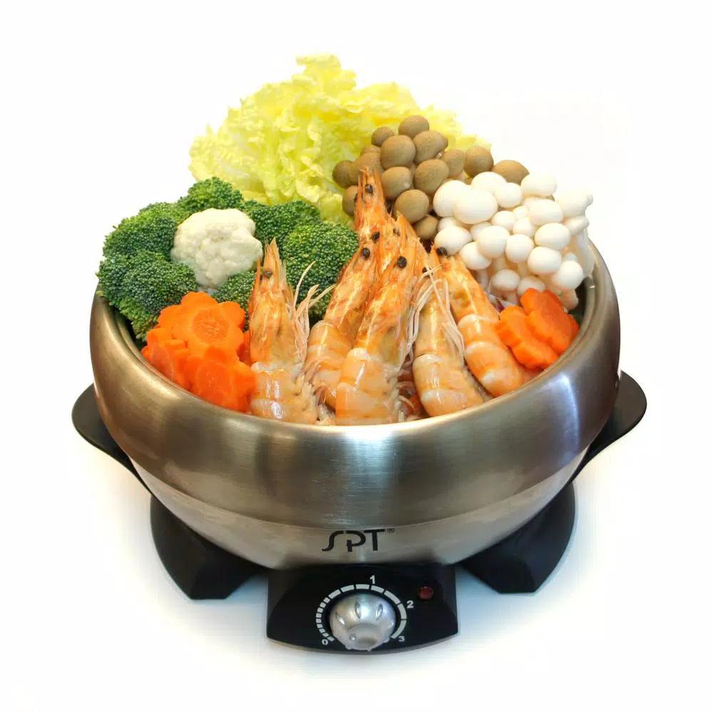 SPT 3 Qt. Stainless Steel Electric Multi-Cooker Shabu-Shabu Pot with Griddle and Steam Rack