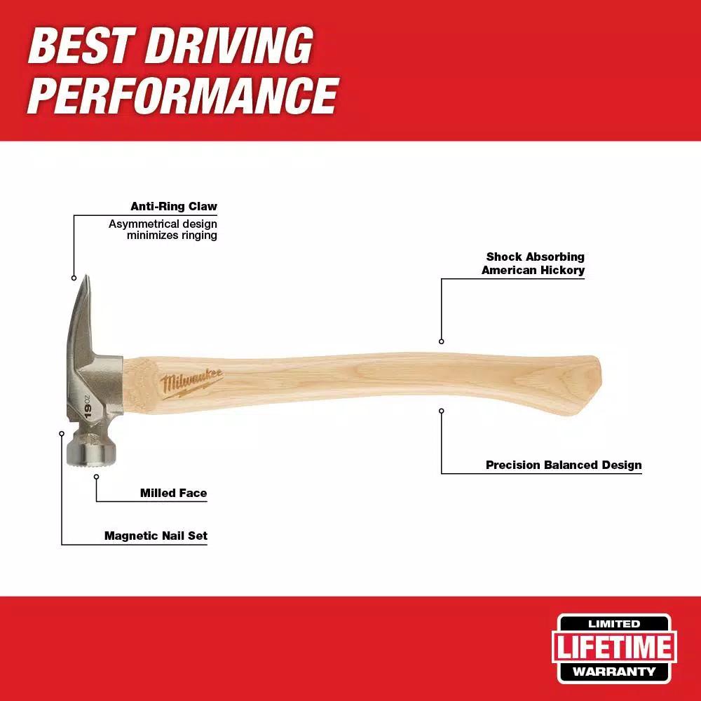 Milwaukee 19 oz. Milled Face Hickory Framing Hammer with Magnetic Nail Set and Hammer Loop