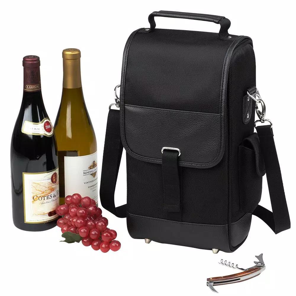 Unbranded NY Black Insulated 2-Bottle Wine Tote Bag with Corkscrew