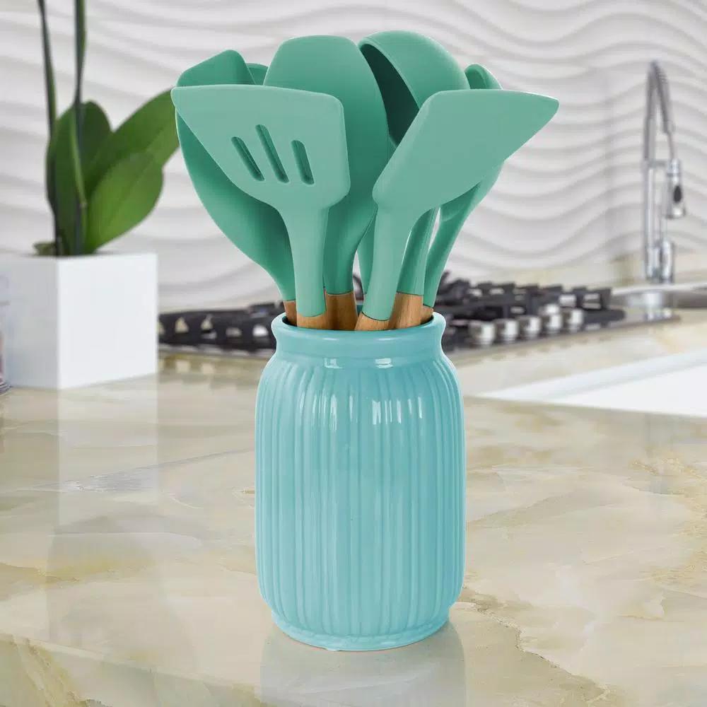 MegaChef 9-Piece Mint Green Silicone and Wood Kitchen Utensil Set with Ceramic Holder