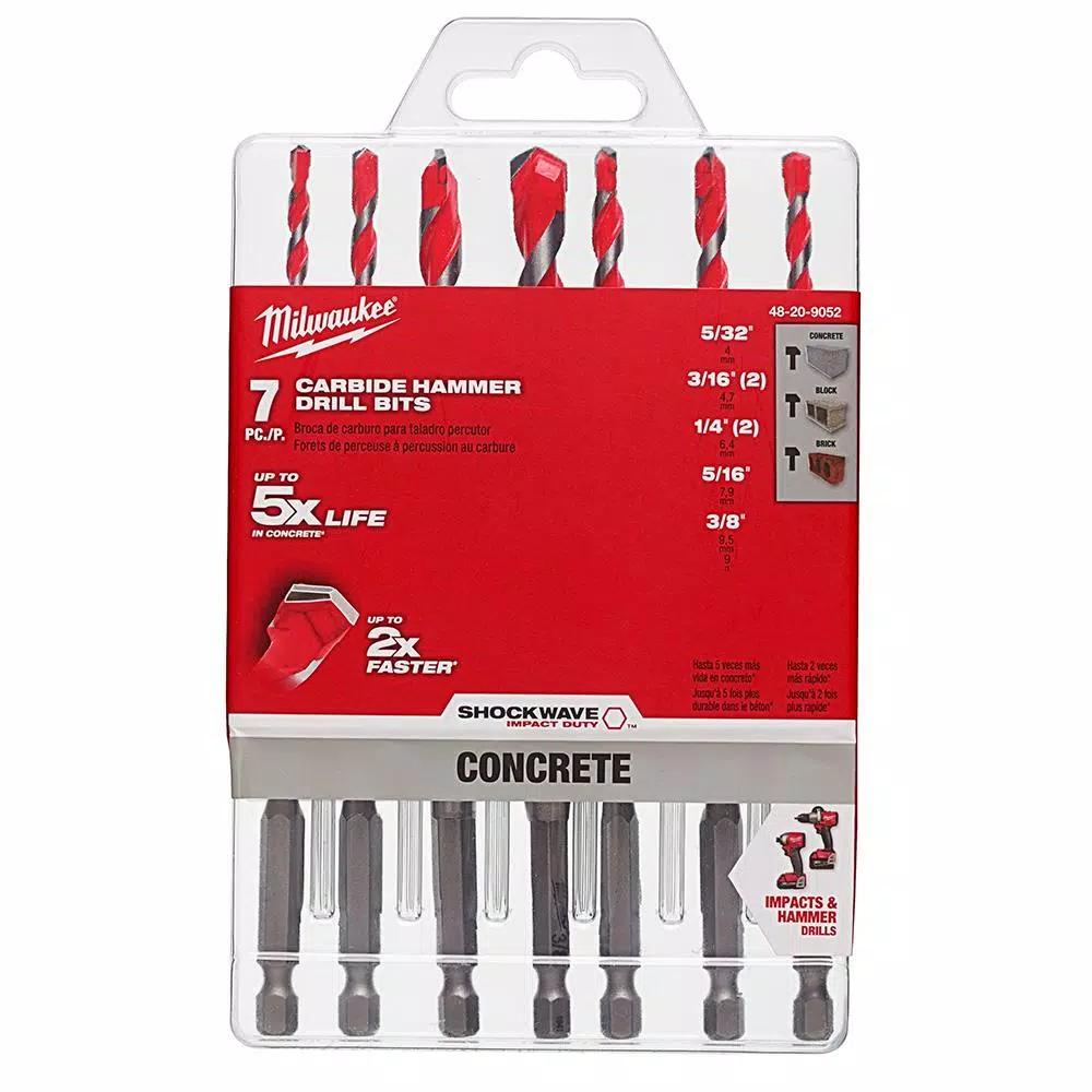 Milwaukee SHOCKWAVE Carbide Hammer Drill Bit Set, 7-Piece Hex Shank Kit