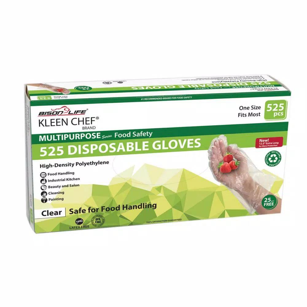 Bison Life KLEEN CHEF Disposable HDPE Food Handling Gloves, Long Cuff, 525 Count