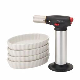BonJour Creme Brulee Torch and Ramekin Set - 5 Piece Ceramic Oval Dish Set with Stainless Steel Torch thumbnail 1