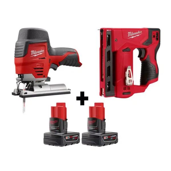Milwaukee M12 12V Lithium-Ion Cordless Jig Saw and 3/8 in. Crown Stapler Combo Kit with (2) 3.0 Ah Batteries