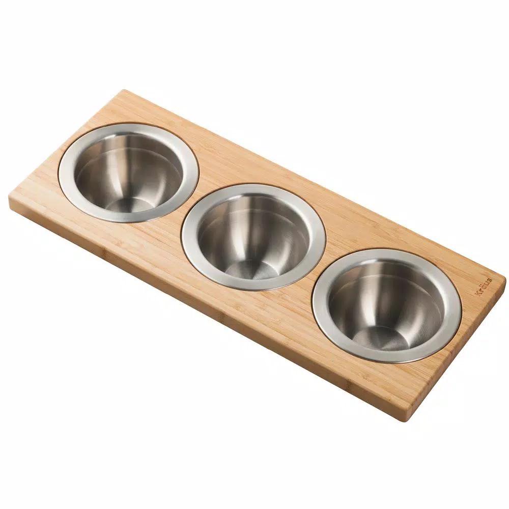 Kraus 16.75 in. Bamboo Workstation Kitchen Sink Serving Board Set with 3 Stainless Steel Prep Bowls