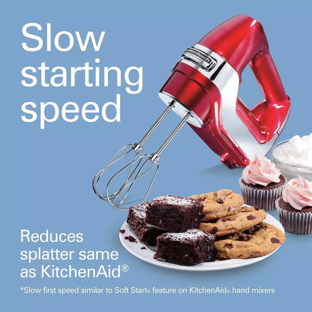 Hamilton Beach Professional 5-Speed Hand Mixer, Red and Chrome with Attachments and Storage Case