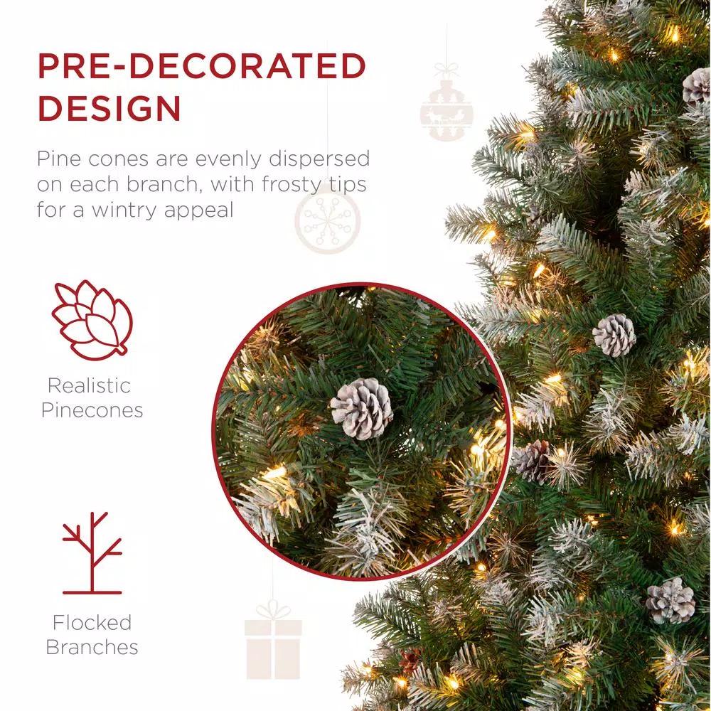 Best Choice Products 9 ft. Pre-Lit Flocked Artificial Christmas Tree with 850 Warm White Lights and Pinecones