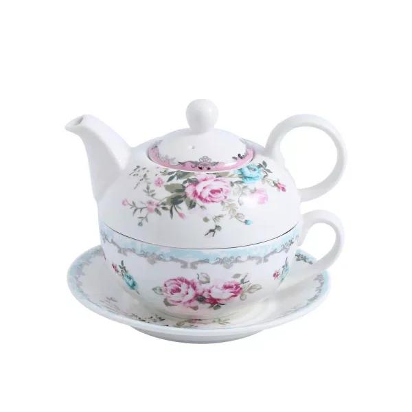 MALACASA Elegant Porcelain Tea for One Set - 3 Piece Teapot, Teacup and Saucer Set, White with Pattern
