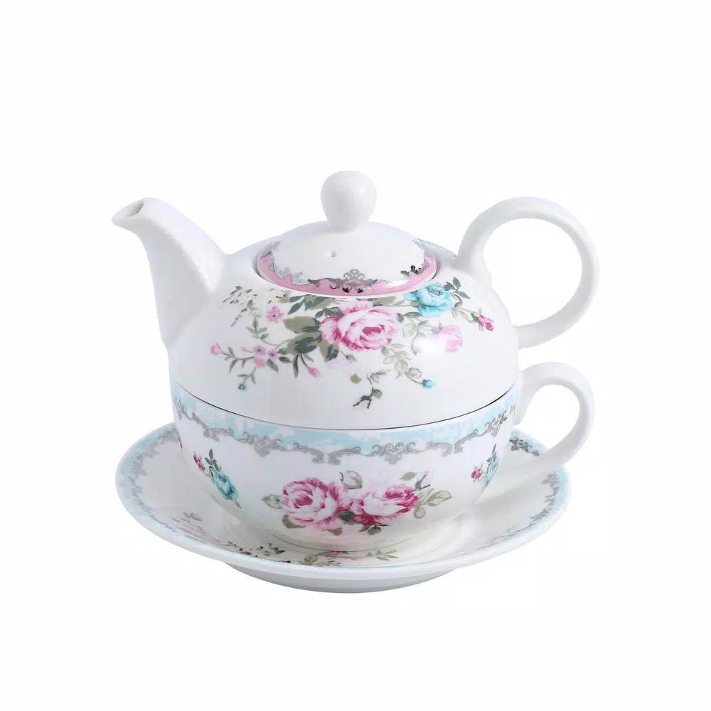 MALACASA Elegant Porcelain Tea for One Set - 3 Piece Teapot, Teacup and Saucer Set, White with Pattern