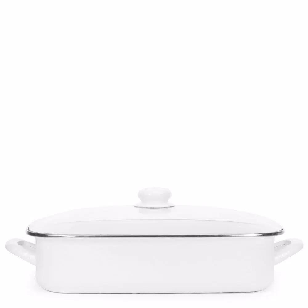 Golden Rabbit 10.5 qt. Solid White Porcelain Enamel Roasting Pan with Glass Lid