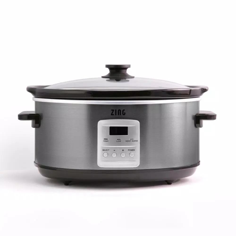 Zing 7 Qt. Oval Programmable Slow Cooker with Glass Lid, Dark Stainless Steel