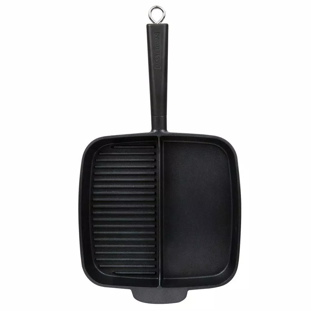 MasterPan 11 in. Cast Aluminum Nonstick Sectional Grill Pan with Split Section, Black