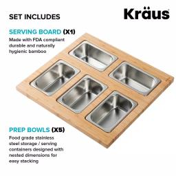 KRAUS Workstation Kitchen Sink Accessory Set with Bamboo Serving Board and 5 Stainless Steel Prep Bowls thumbnail 3