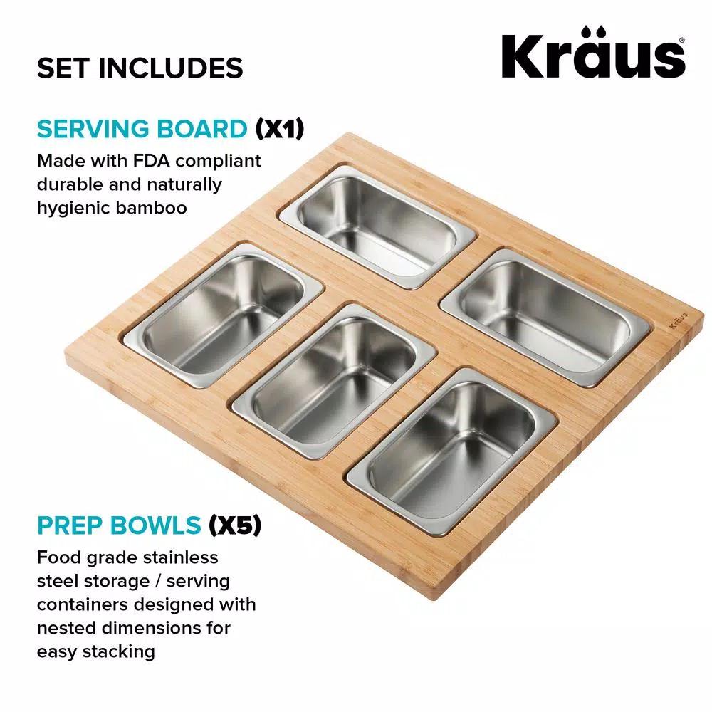 KRAUS Workstation Kitchen Sink Accessory Set with Bamboo Serving Board and 5 Stainless Steel Prep Bowls