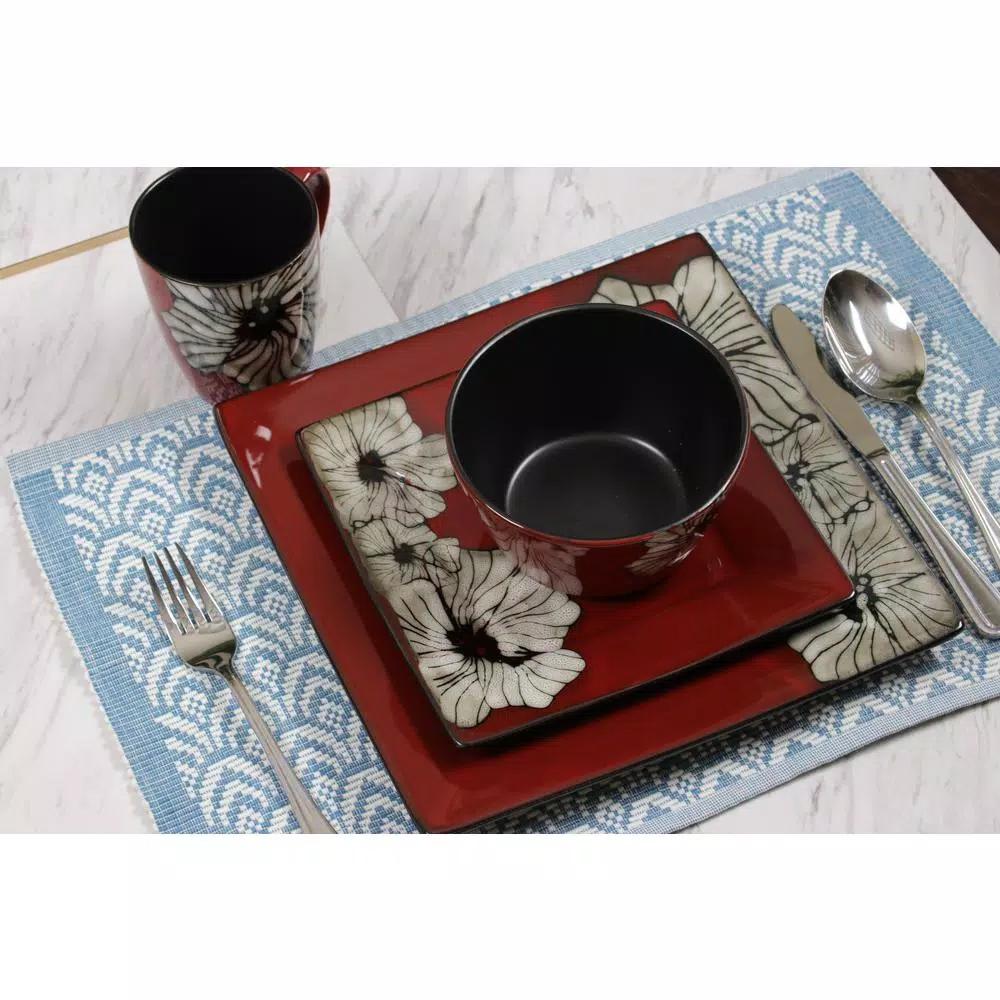 Elama Winter Bloom 16-Piece Red Stoneware Dinnerware Set, Asian Inspired Square Design, Service for 4