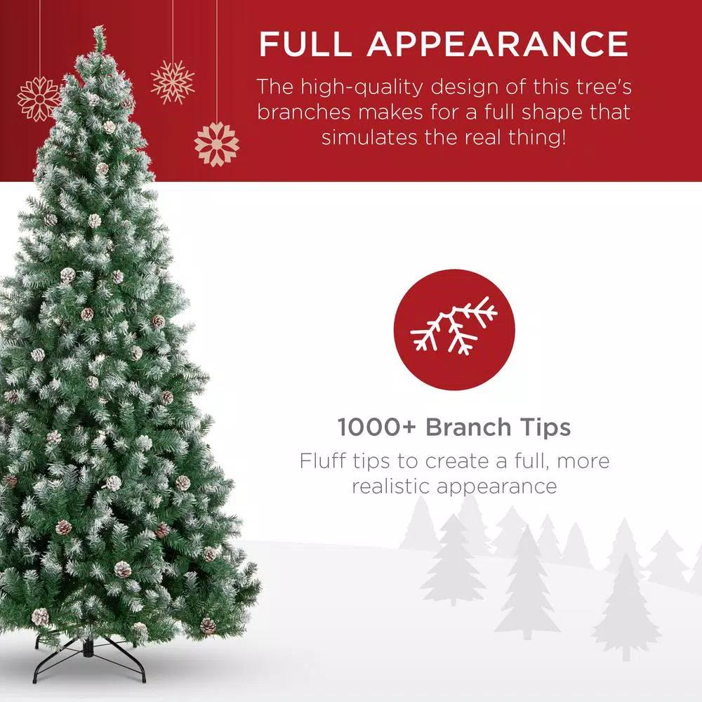 Best Choice Products 9 ft. Unlit Flocked Virginia Pine Artificial Christmas Tree with Pine Cones and Holly Berries