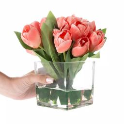 Pure Garden Soft Coral Tulip Floral Arrangement with Glass Vase and Faux Water thumbnail 5