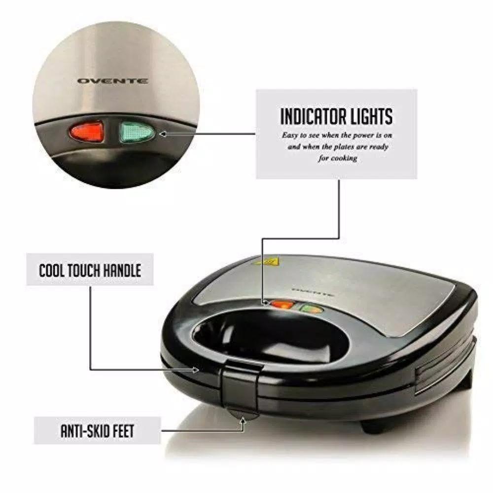 Ovente 3-in-1 Electric Sandwich Maker, Waffle and Grill Maker with Detachable Non-Stick Plates, 750W, Black