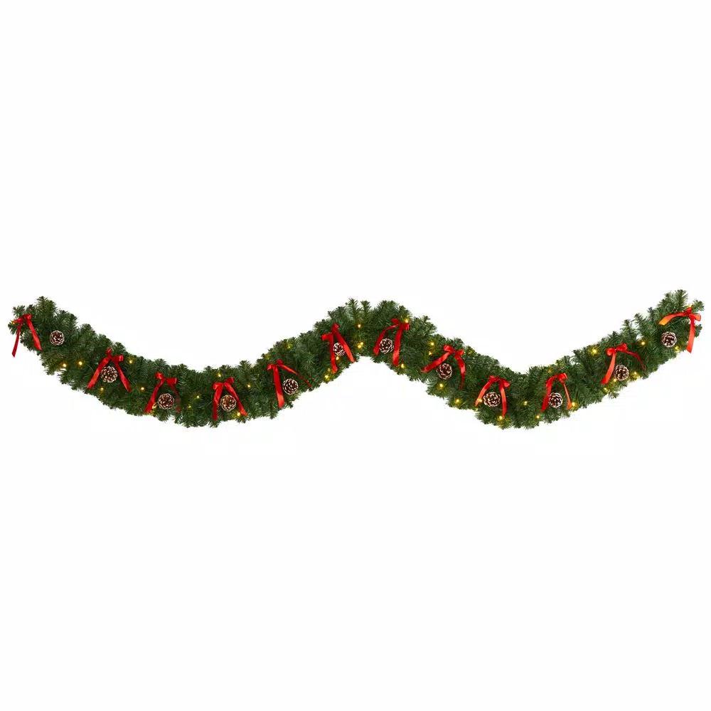 Nearly Natural 9 ft. Pre-lit Artificial Christmas Garland with Bows, Pinecones & 35 LED Lights