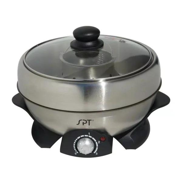 SPT 3 Qt. Stainless Steel Electric Multi-Cooker Shabu-Shabu Pot with Griddle and Steam Rack