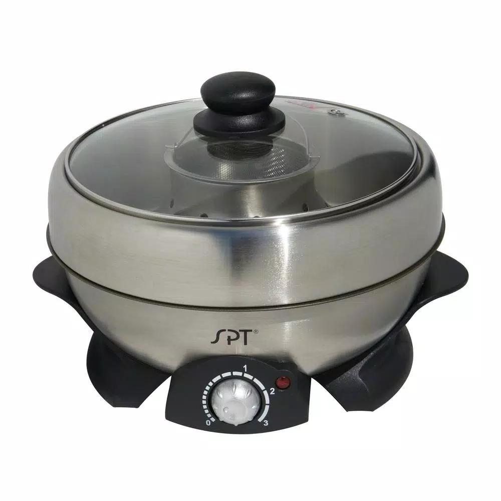 SPT 3 Qt. Stainless Steel Electric Multi-Cooker Shabu-Shabu Pot with Griddle and Steam Rack