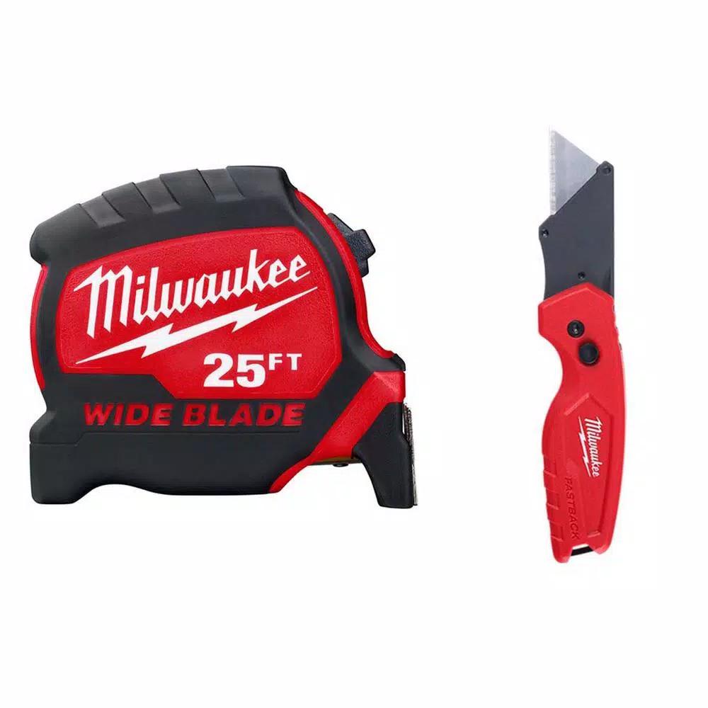 Milwaukee 25 ft. Blade Tape Measure with 14 ft. Standout and Fastback Compact Folding Utility Knife Set